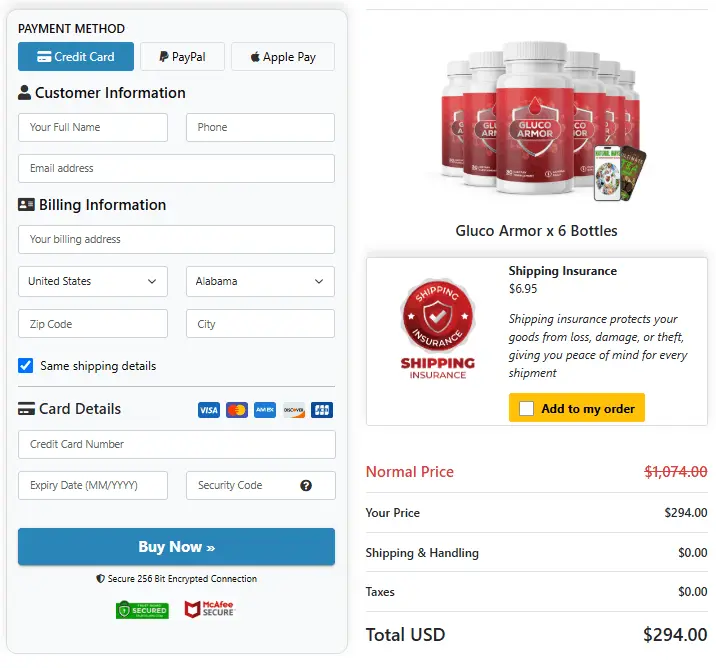 Gluco Armor™ Checkout Page